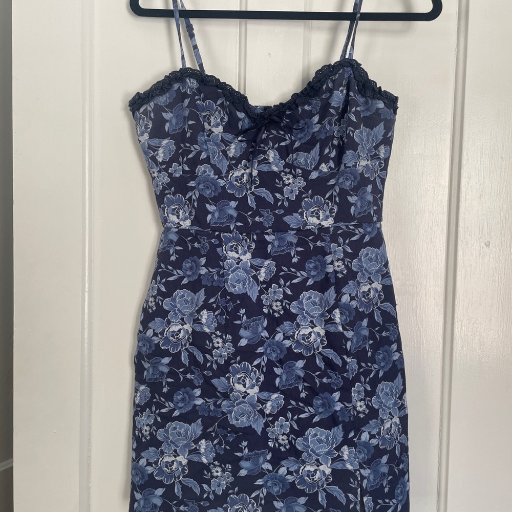 Francesca's Blue and White Floral Mini Dress with Navy Lace Trim